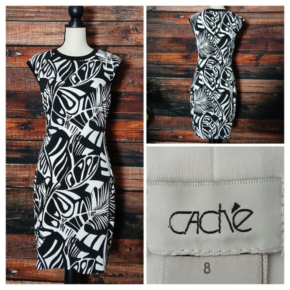 Cache Dress Size 8 White Black Leaf Sheath Cap Sleeve Lined Stretch Made In USA - Picture 1 of 8